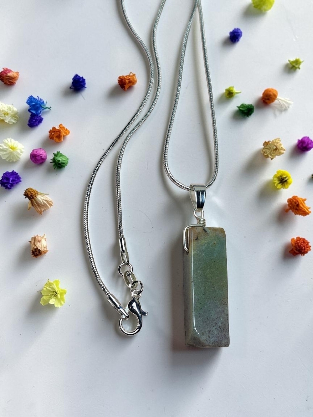 Green Indain Agate Rectangular Stone Pendant Necklace - Women Jewelry